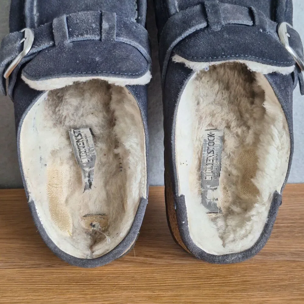 Birkenstock Women's Gray Suede Shearling Mule Clogs with Buckle - Picture 4 of 14